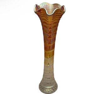 VTG Carnival Glass Swung Vase Marigold Iridescent Ribbed 12”